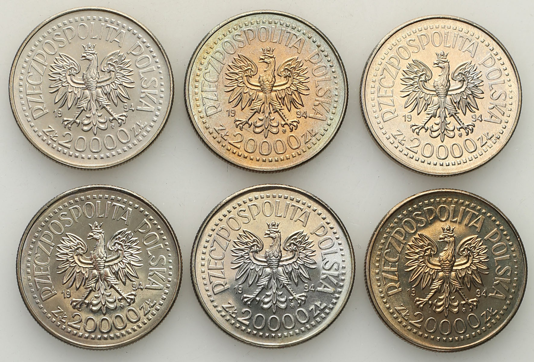 III RP 20.000 złotych 1994 - 75 lat Związku Inwalidów Wojennych, zestaw 6 sztuk